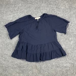 LOFT Blouse Womens XS Navy Peplum Ruffle Short Sleeve Casual Top